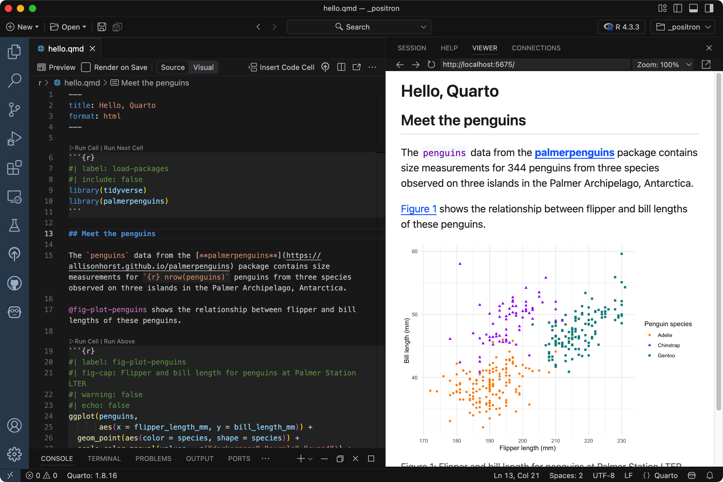 Positron with a Quarto document titled "Penguins, meet Quarto!" open on the left side and the rendered version of the document on the right side.